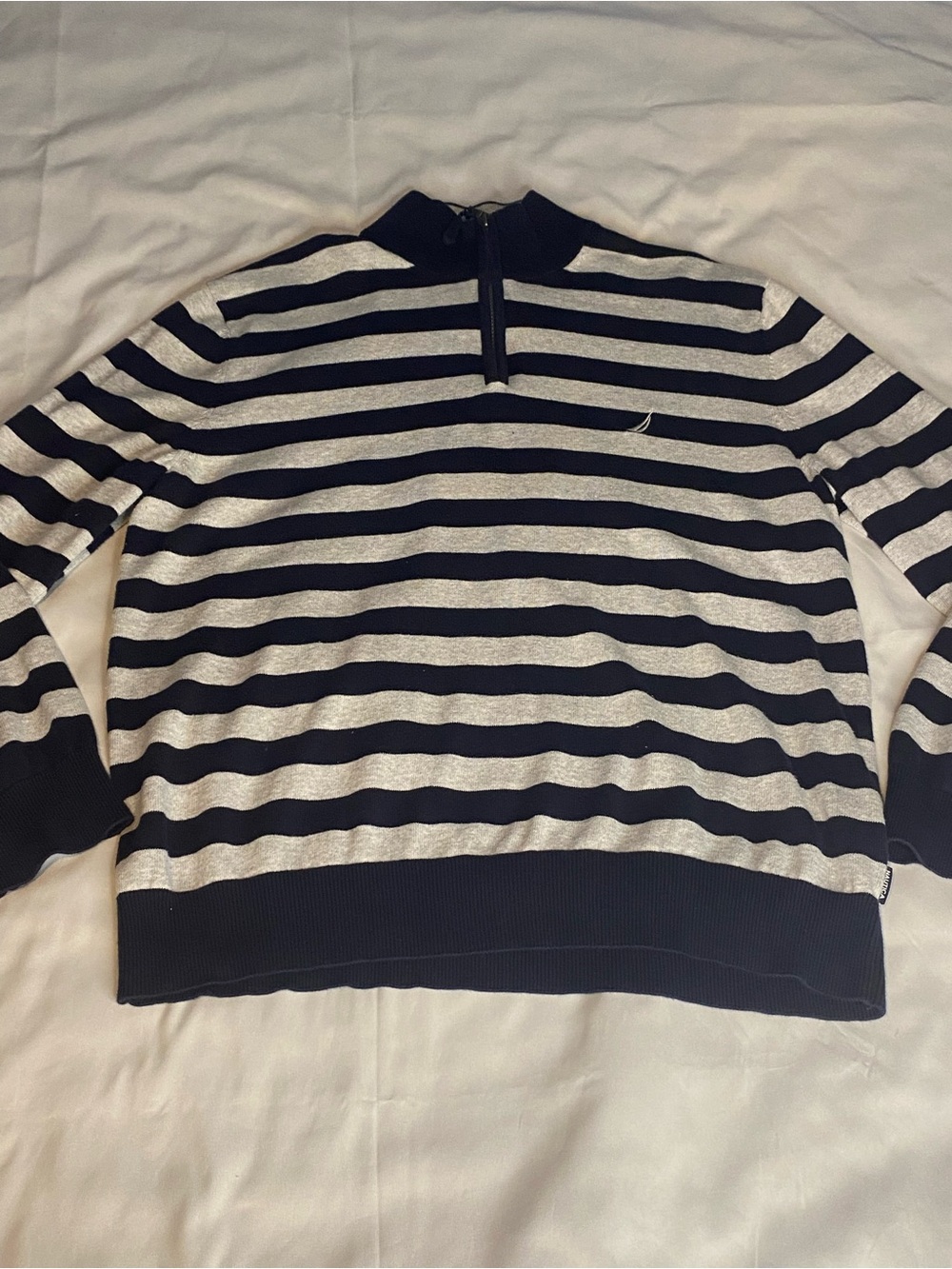 Mens Navy/White Striped Knit Sweater 1/4 Zip Mock Neck Pullover Long Sleeve, XL